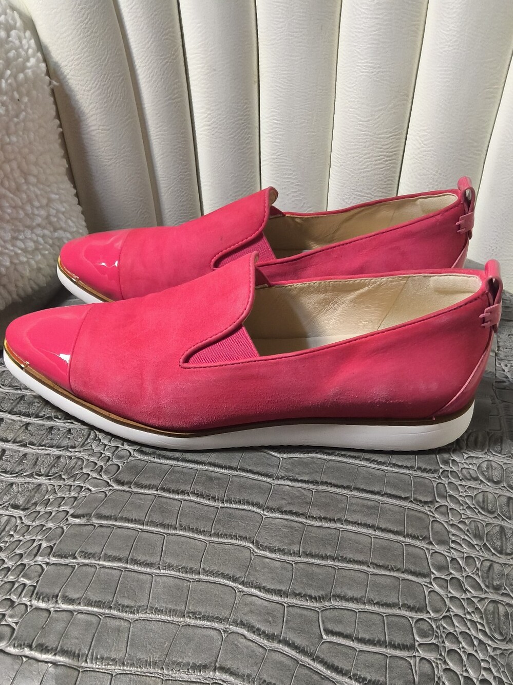 Hot pink Cole Haan Grand Ambition slip-on loafers with glossy patent cap toes. - Picture 6 of 6